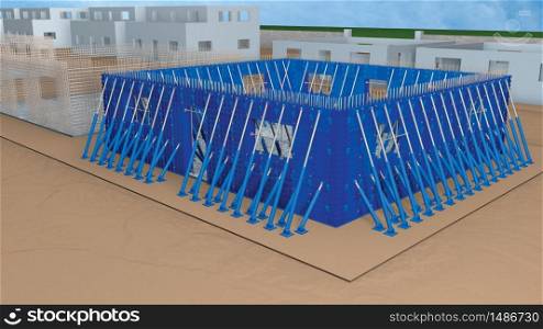 View of a blue metallic formwork system used to build the walls of the first floor of a house in an urbanization under construction. 3D Illustration