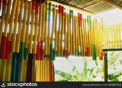 View of a colorful bamboo screen at a bar, Tobago, Caribbean