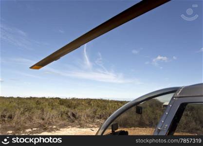 View of a helicopter blade and part of the cabin