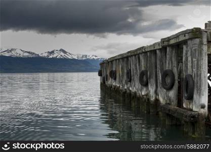 View of a jetty at lake, Golfo Almirante Montt, Puerto Natales, Patagonia, Chile
