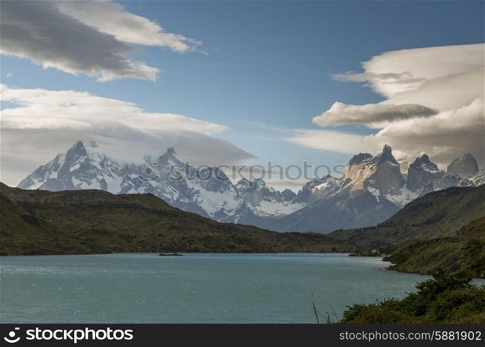 View of a lake with mountains in the background, Torres del Paine National Park, Patagonia, Chile