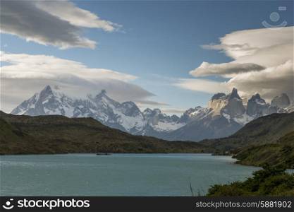 View of a lake with mountains in the background, Torres del Paine National Park, Patagonia, Chile