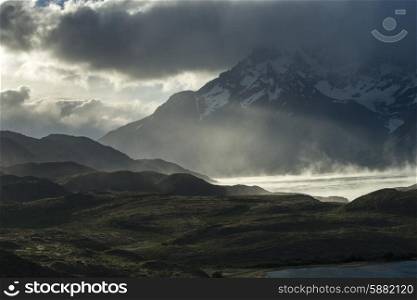 View of a lake with mountains, Torres del Paine National Park, Patagonia, Chile