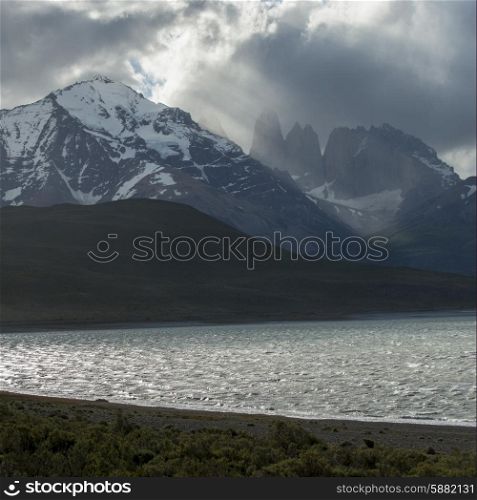 View of a lake with mountains, Torres del Paine National Park, Patagonia, Chile