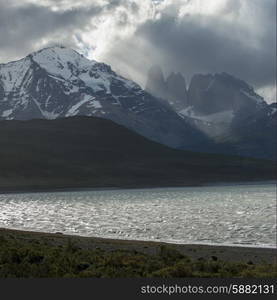 View of a lake with mountains, Torres del Paine National Park, Patagonia, Chile