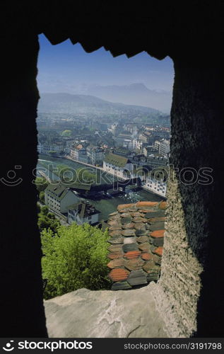 View of a mountain from the window of a castle, Lucerne, Switzerland