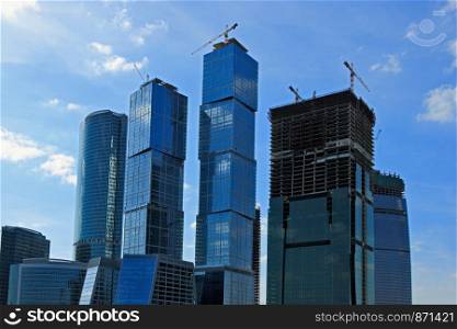 View of a new Moscow district with corporate buildings under construction.