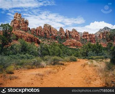 View of a range of Red Rocks of Sedona, Arizona including Snoopy Rock from Margs Draw hiking trail.