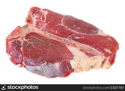 View of a raw T-bone or porterhouse steak isolated on white seen from an angle.