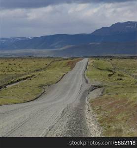 View of a road through landscape, Torres del Paine National Park, Patagonia, Chile