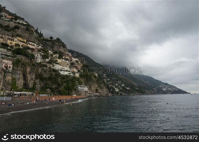 View of a town at coast, Positano, Amalfi Coast, Salerno, Campania, Italy