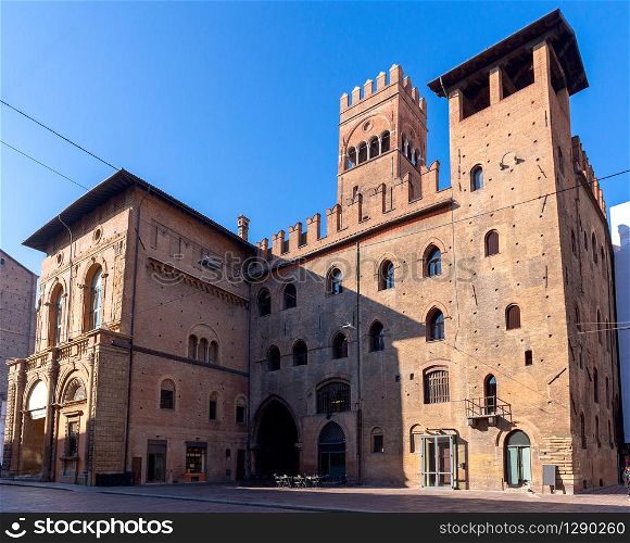 View of a traditional old medieval building. Bologna. Italy.. Bologna. Old street.