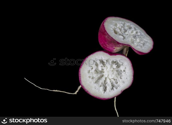 View of a transverse section of an overgrown radish showing a spongious and woody inside cavity.