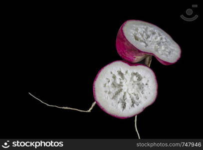 View of a transverse section of an overgrown radish showing a spongious and woody inside cavity.