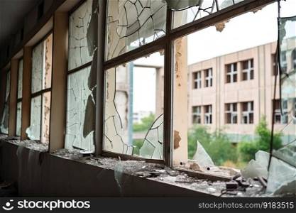 view of abandoned hospital, with broken windows and cracked walls, after natural disaster, created with generative ai. view of abandoned hospital, with broken windows and cracked walls, after natural disaster