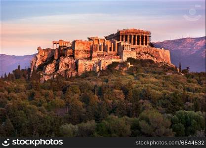 View of Acropolis from the Philopappos Hill in the Evening, Athens, Greece