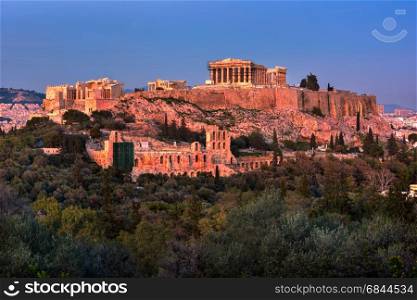 View of Acropolis from the Philopappos Hill in the Evening, Athens, Greece