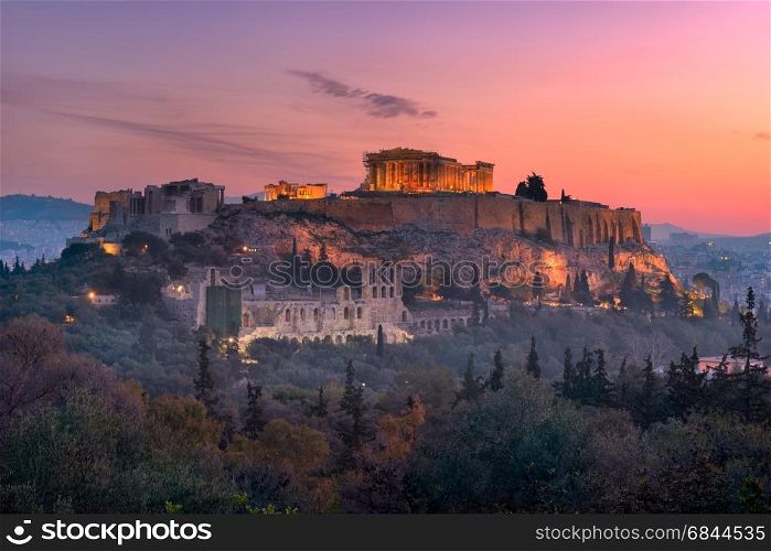 View of Acropolis from the Philopappos Hill in the Morning, Athens, Greece