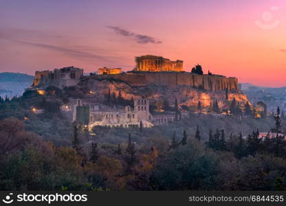 View of Acropolis from the Philopappos Hill in the Morning, Athens, Greece