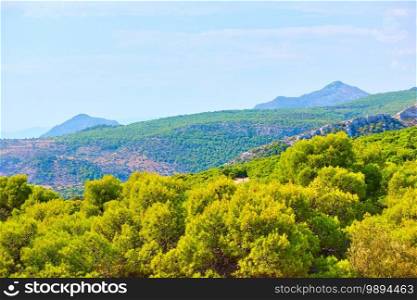 View of Aegina Island near Agia Marina, Greece. Greek country landscape