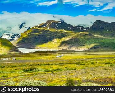 View of air field and airplane at the Vatnajokull Glacier in Iceland