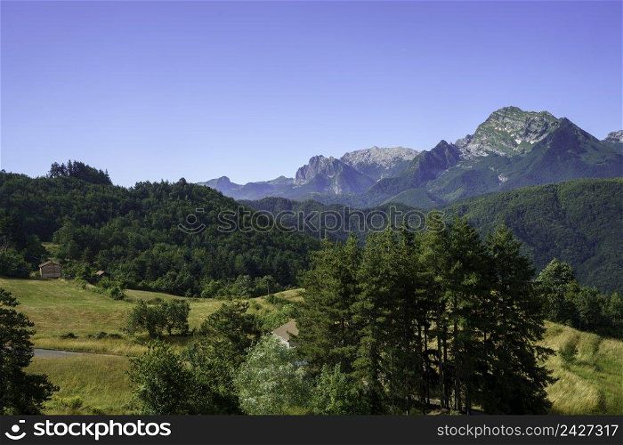 View of Alpi Apuane from Foce Carpinelli, Tuscany, Italy, at summer