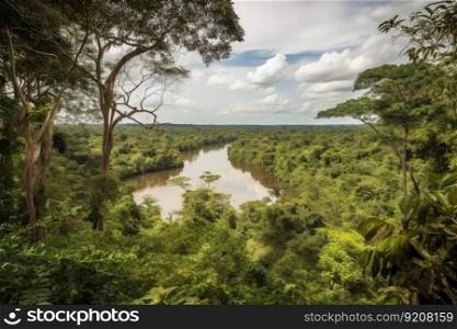 view of amazon river, with the canopy and vines of the rainforest in view, created with generative ai. view of amazon river, with the canopy and vines of the rainforest in view
