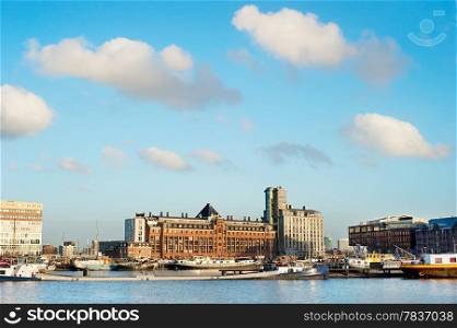 View of Amsterdam harbor under the beautiful spring sky