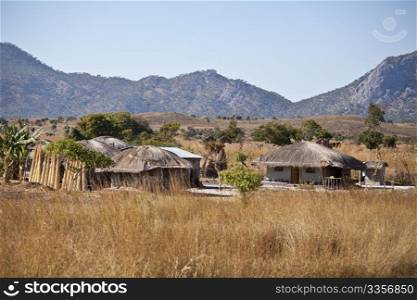 View of an African village with small huts
