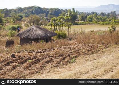 View of an African village with small huts