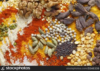 View of an assortment of spices and ingredients used in indian and other asian cuisines.