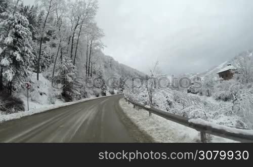 View of an empty road in the mountains during winter with snow covered trees on the side.