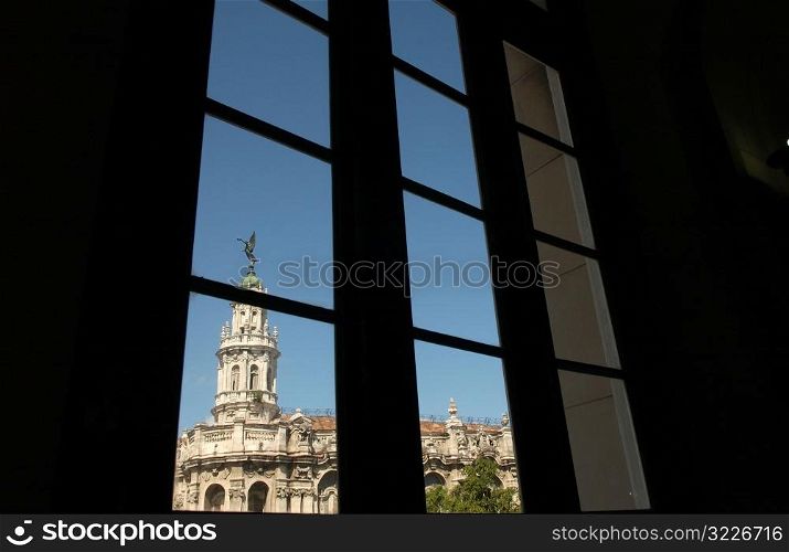 View of an ornate government building through a window, Havana, Cuba