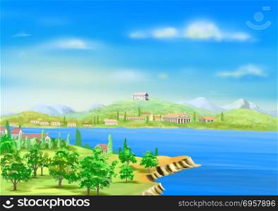 View of Ancient Greek Harbor in a Sunny Summer Day. View of Ancient Greek Harbor in a Sunny Summer Day. Digital Painting Background, Illustration in cartoon style character.