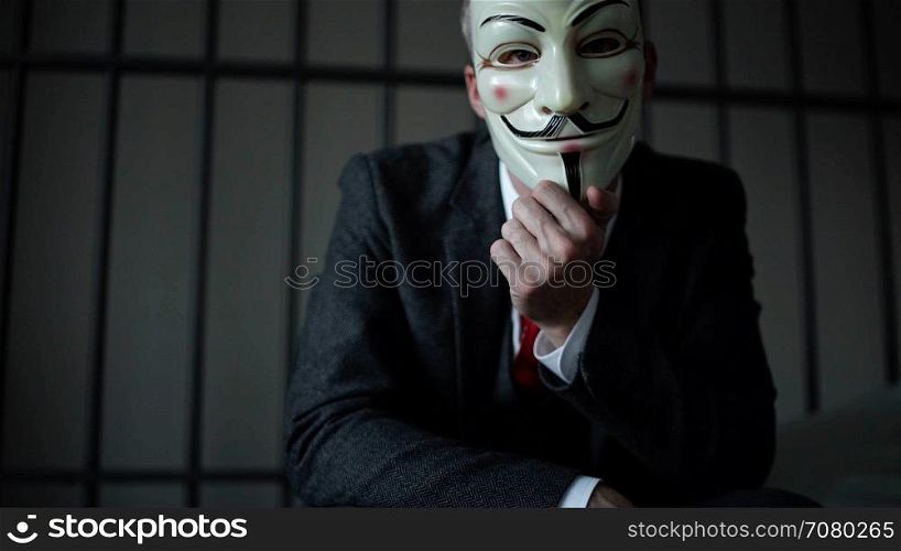 View of Anonymous hacker man in prison