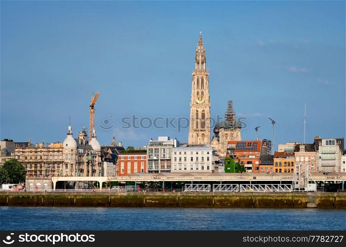 View of Antwerp over the River Scheldt, Belgium.. Antwerp view, Belgium