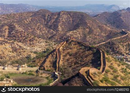 View of Aravalli Hills and the fortification walls from Jaigarh Fort, Jaipur, India.. View of Aravalli Hills and the fortification walls from Jaigarh Fort, Jaipur, India