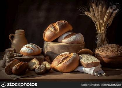 View of assortment of different kind of bread bakery. Concept menus and advertisement. Generative AI