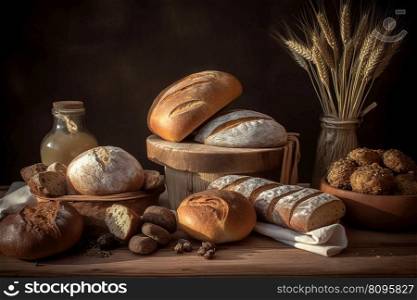 View of assortment of different kind of bread bakery. Concept menus and advertisement. Generative AI