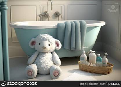 view of baby bathtub surrounded by towels and other bathroom accessories, created with generative ai. view of baby bathtub surrounded by towels and other bathroom accessories