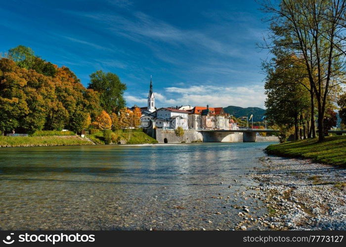 View of Bad Tolz - picturesque resort town in Bavaria, Germany in autumn and Isar river. Bad Tolz - picturesque resort town in Bavaria, Germany in autumn and Isar river