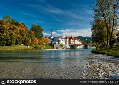 View of Bad Tolz - picturesque resort town in Bavaria, Germany in autumn and Isar river. Bad Tolz - picturesque resort town in Bavaria, Germany in autumn and Isar river