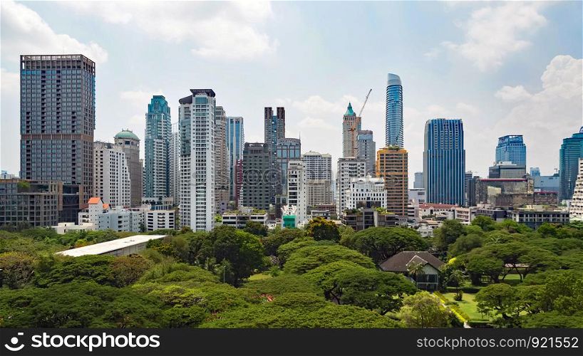 View of Bangkok citscape, high building and public park