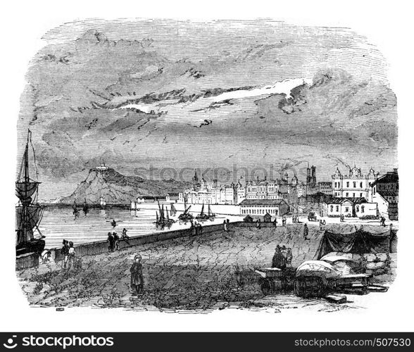 View of Barcelona and Mount Jouich, vintage engraved illustration. Magasin Pittoresque 1843.