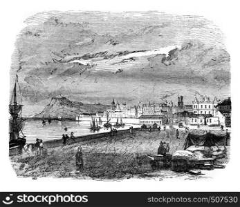 View of Barcelona and Mount Jouich, vintage engraved illustration. Magasin Pittoresque 1843.