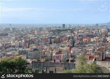 view of Barcelona from Montjuic hill in cloudy day. Catalonia