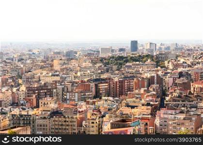view of Barcelona from Montjuic hill in cloudy day. Catalonia