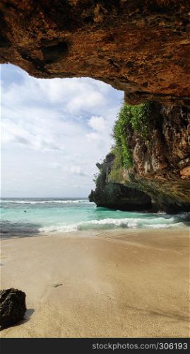 View of beautiful hidden Suluban Beach in Bali, accessible only during the low tides
