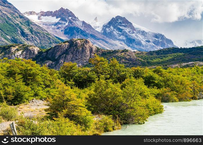 View of beautiful mountain with river in Los Glaciares National Park at El Chalten in Argentine Patagonia