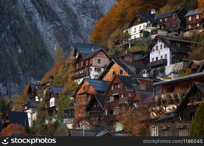 View of beautiful view of the on wooden houses at the small famous city Hallstatt - old town, Austria